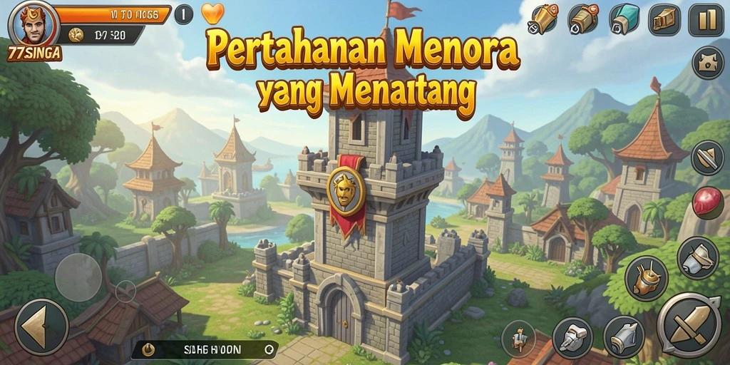 Skrin utama 77SINGA menampilkan aksi pertahanan menara yang mendebarkan.