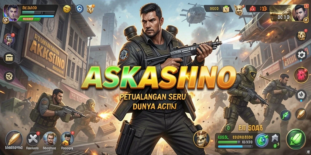 Screenshot utama menunjukkan pertempuran epik dalam game aksi ASKASINO.