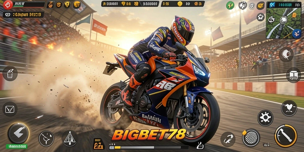 Tampilan gameplay seru dalam balapan motor yang mendebarkan.
