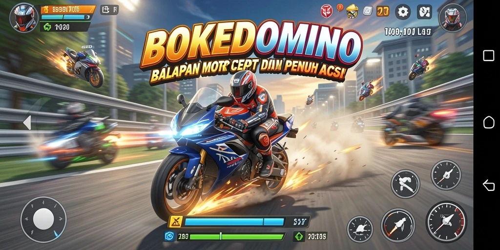 Screenshot utama BOKEDOMINO menunjukkan aksi balapan motor yang cepat dan mendebarkan.