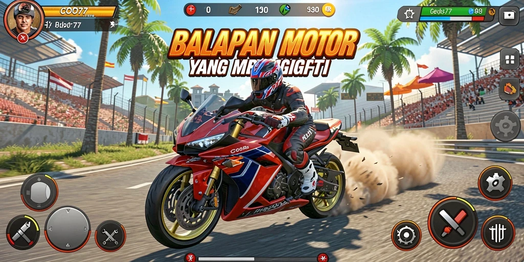 Gameplay COO77 yang mendebarkan dengan motor balap yang beraksi.