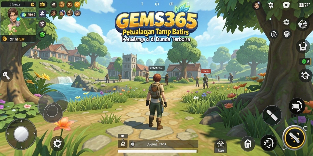 Screenshot utama GEMS365 menampilkan aksi eksplorasi di dunia terbuka.