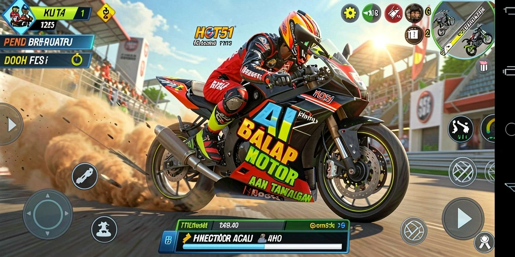 Screenshot kegiatan gameplay dari balapan motor yang mendebarkan.