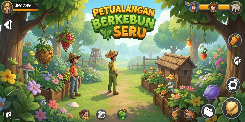 Screenshot menampilkan ladang subur dalam JP6789 dengan berbagai tanaman.