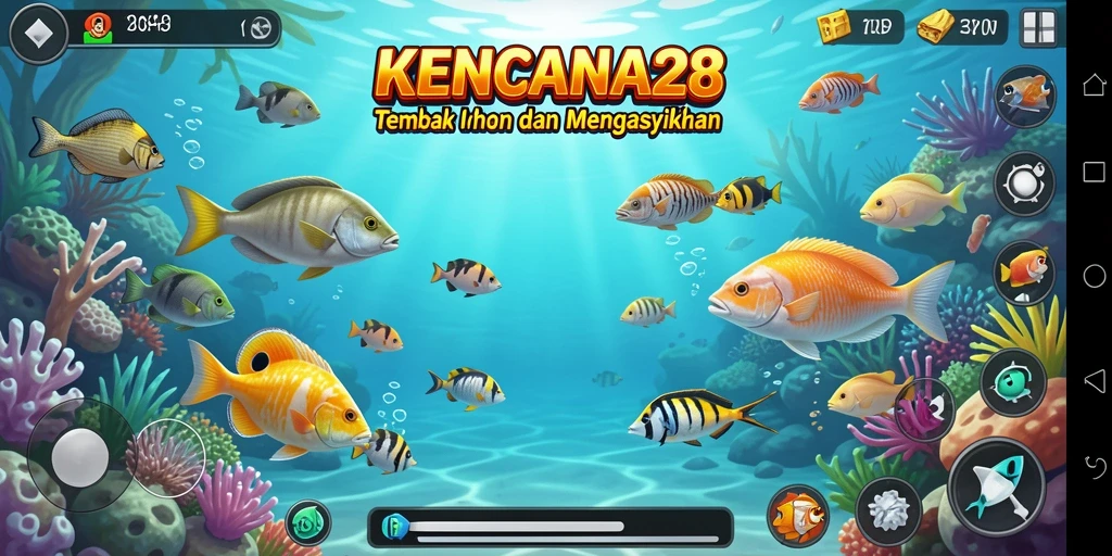 Tangkapan layar utama KENCANA28 menunjukkan aksi seru dalam game tembak ikan.