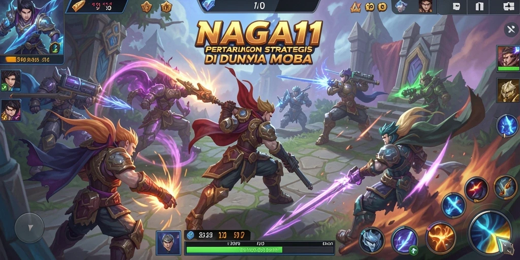 Tangkapan layar gameplay NAGA11 yang menunjukkan pertarungan seru di arena MOBA.