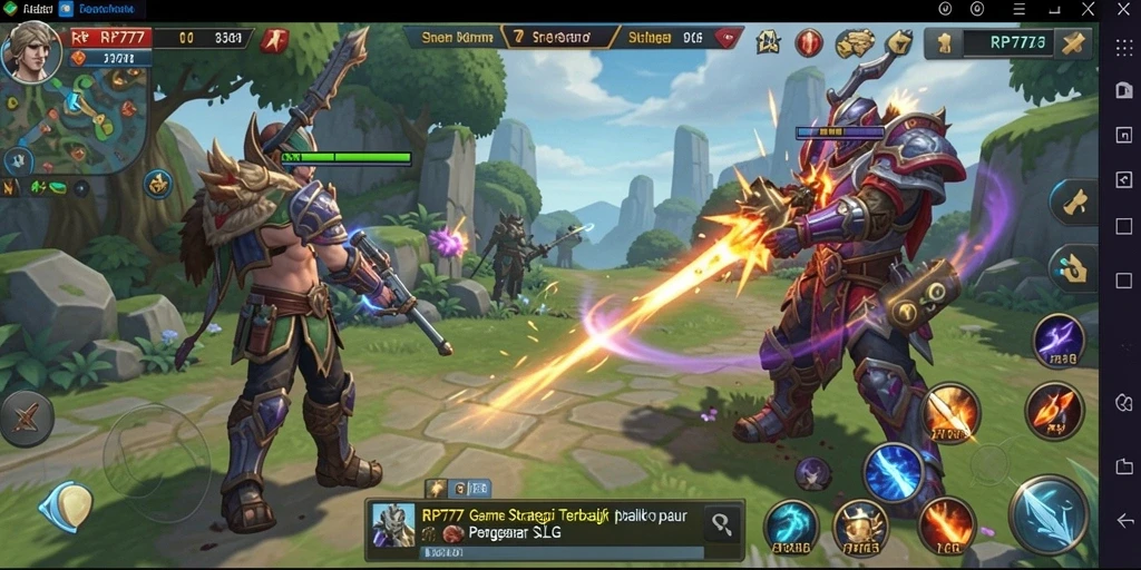 Screenshot utama RP777 menunjukkan aksi pertempuran seru dalam gameplay SLG.