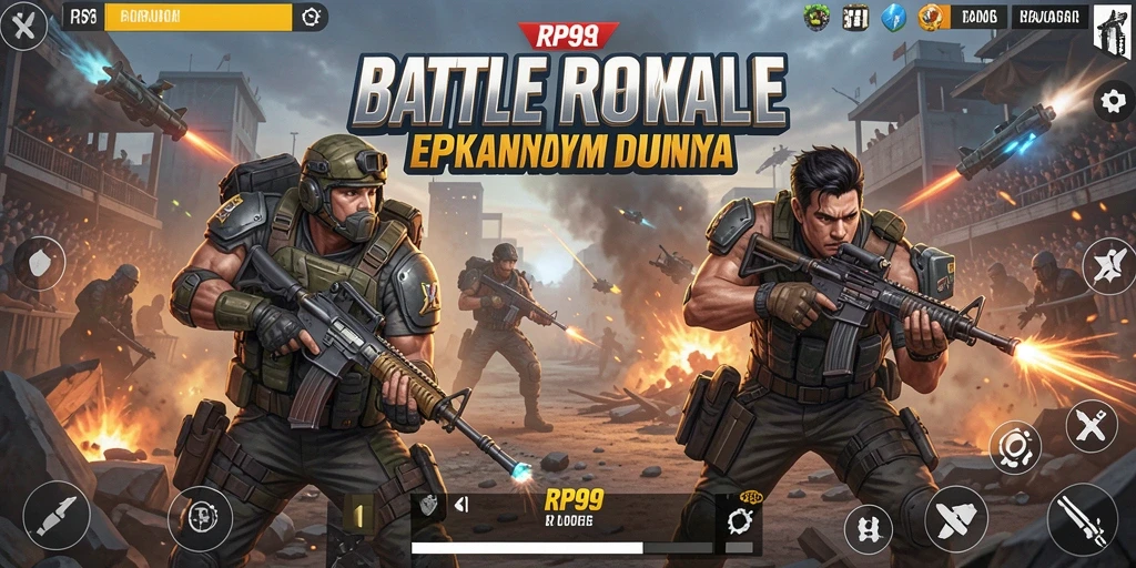 Screenshot permainan RP99 yang menampilkan aksi pertempuran Battle Royale.