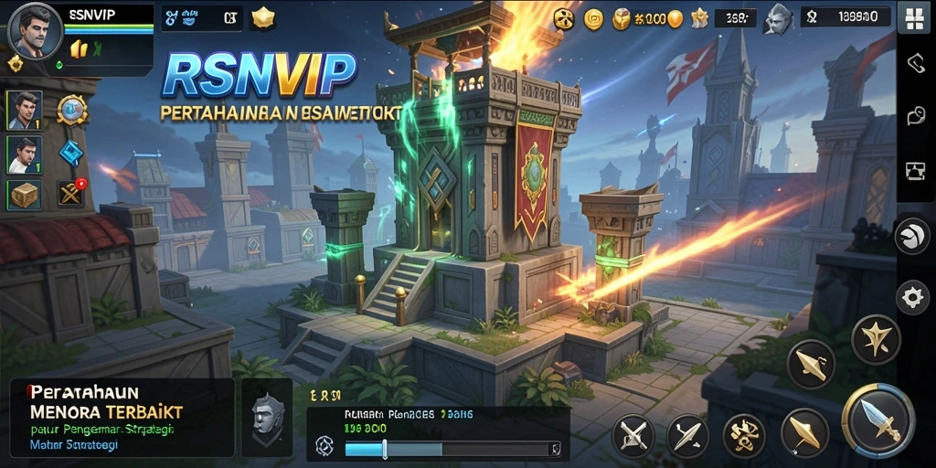 Screenshot utama gameplay RSNVIP menampilkan menara yang bertarung melawan gelombang musuh.