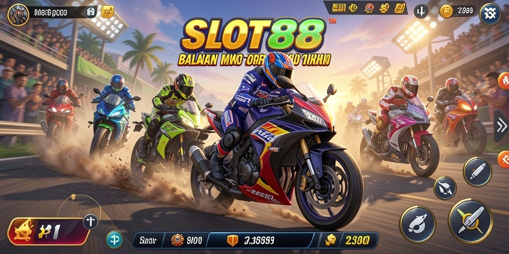 Tangkapan layar dari gameplay SLOT88 yang menampilkan balapan motor seru.