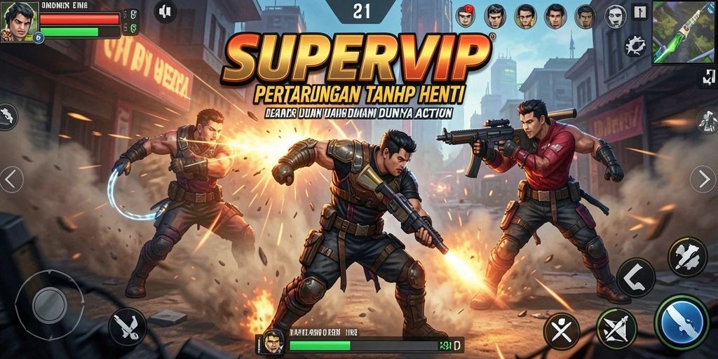 Tangkapan layar SUPERVIP menampilkan aksi seru dalam pertempuran yang menegangkan.