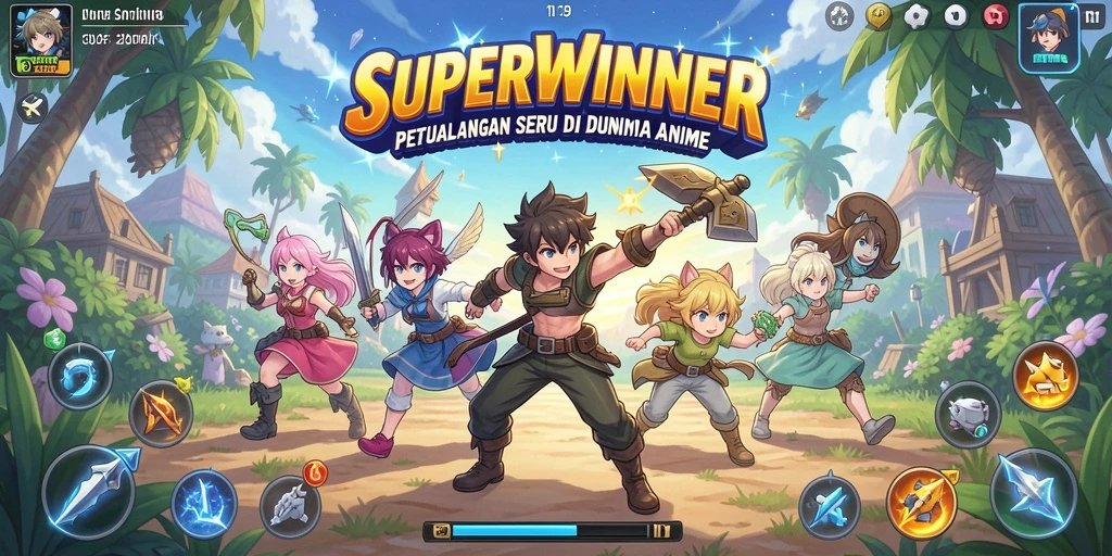 Tampilan luar biasa dari gameplay SUPERWINNER yang penuh warna dan aksi.