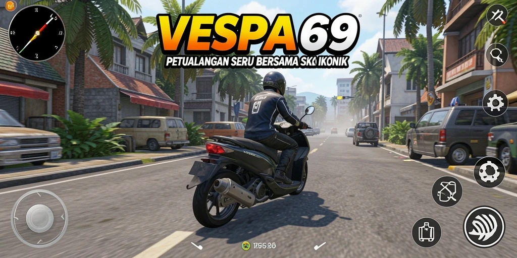Screenshot gameplay VESPA69 menunjukkan aksi berkendara yang seru dan pemandangan indah.