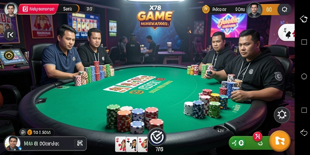 Screenshot gameplay X78 yang menampilkan suasana poker yang mendebarkan.
